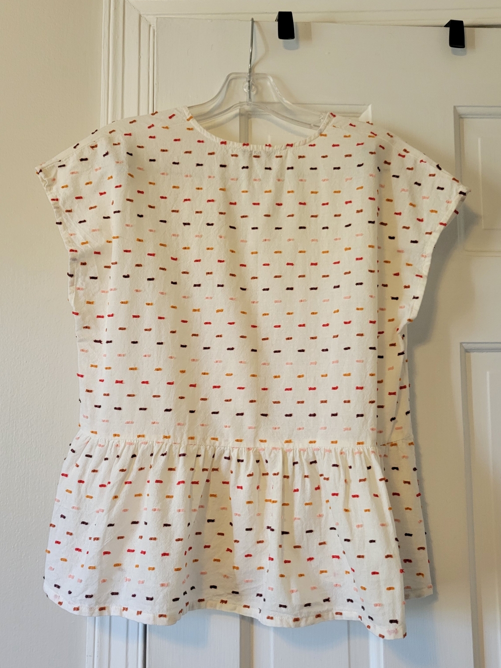 Madewell White Peplum Wrap Top with Multicolor Dot Stitching - Picture 2 of 4